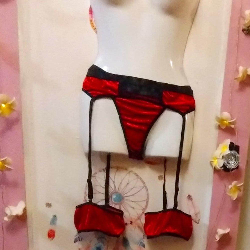 Lush Black and Red Velvet (M) Four Piece Lingerie Garter Set - NWOT